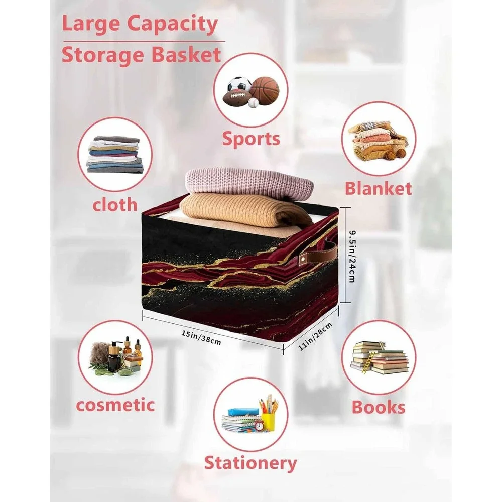 Set of‎ 2 Black Burgundy Gold Marble Agate Storage Baskets with Leather Handles